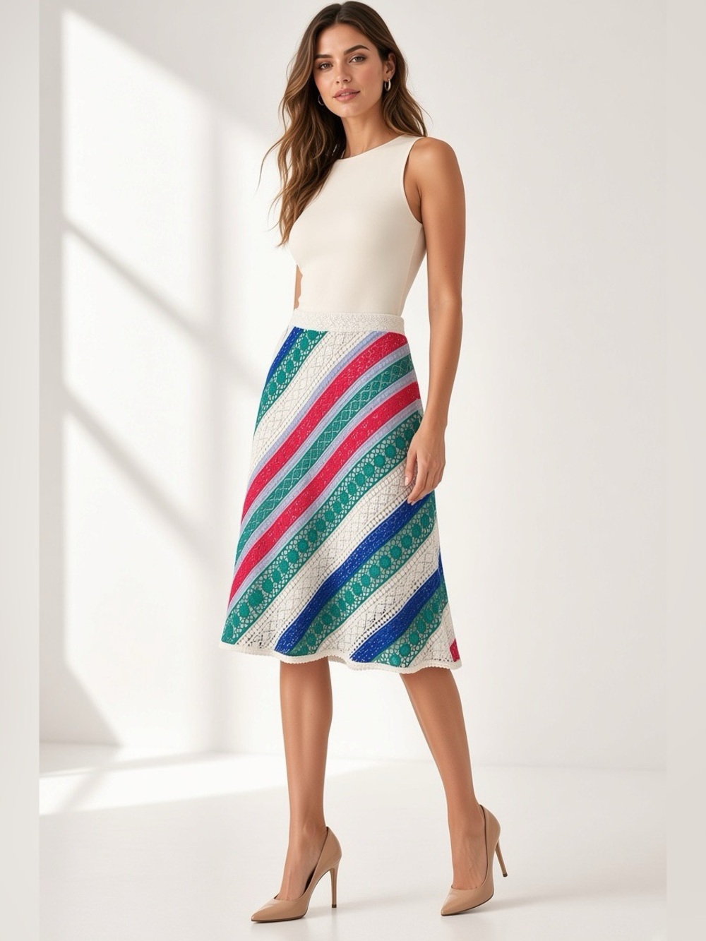 Carlisle White Lace A-Line Skirt with Teal, Royal Blue & Pink Stripes